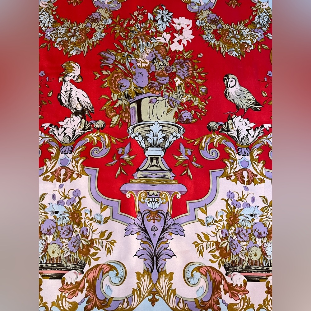 Vtg Alfred Sung Silk Scarf Victorian style Floral Birds Filigree Purple Blue 31”